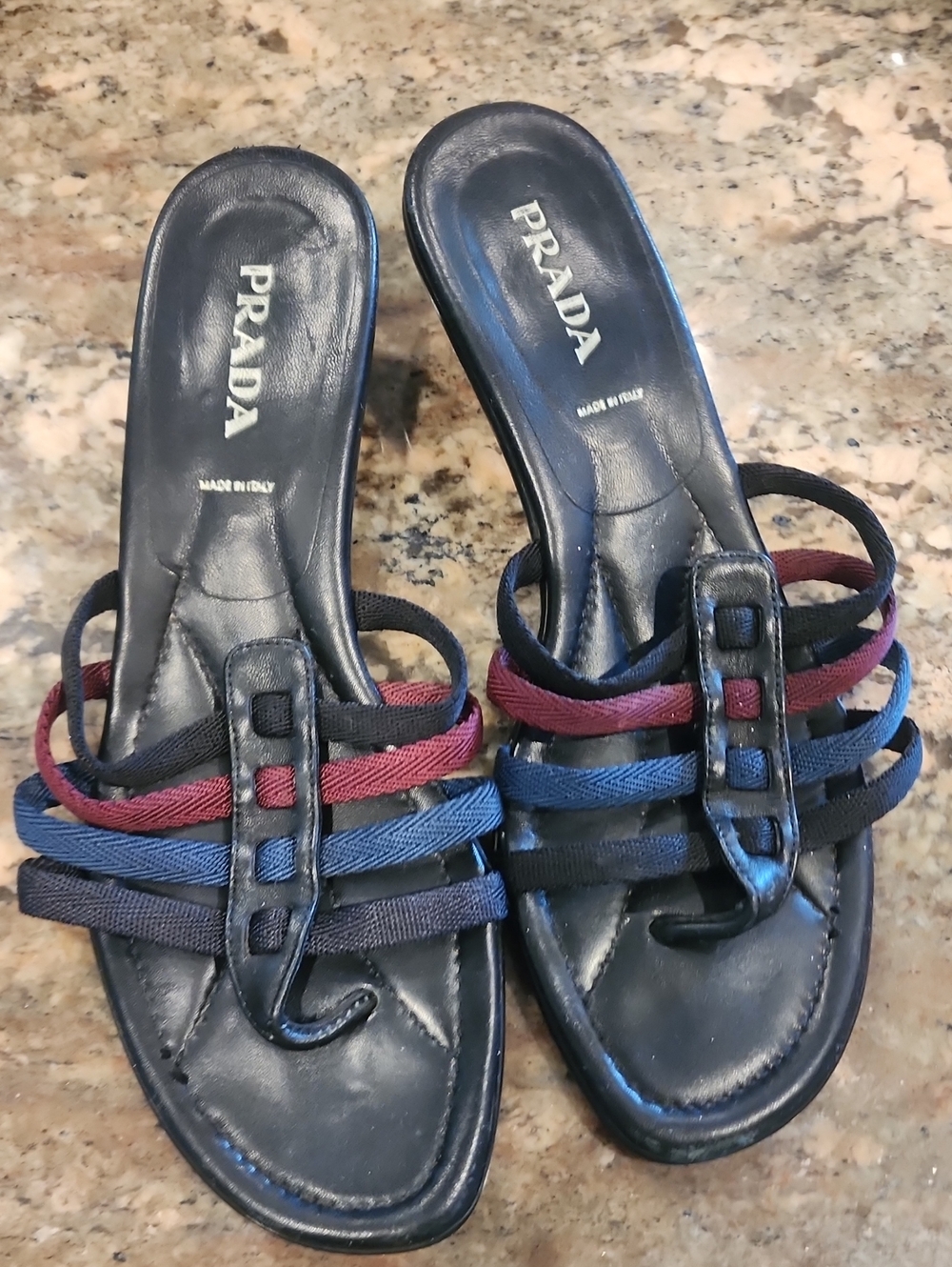 Prada Black Leather Slide Mules with Blue and Burgundy Straps